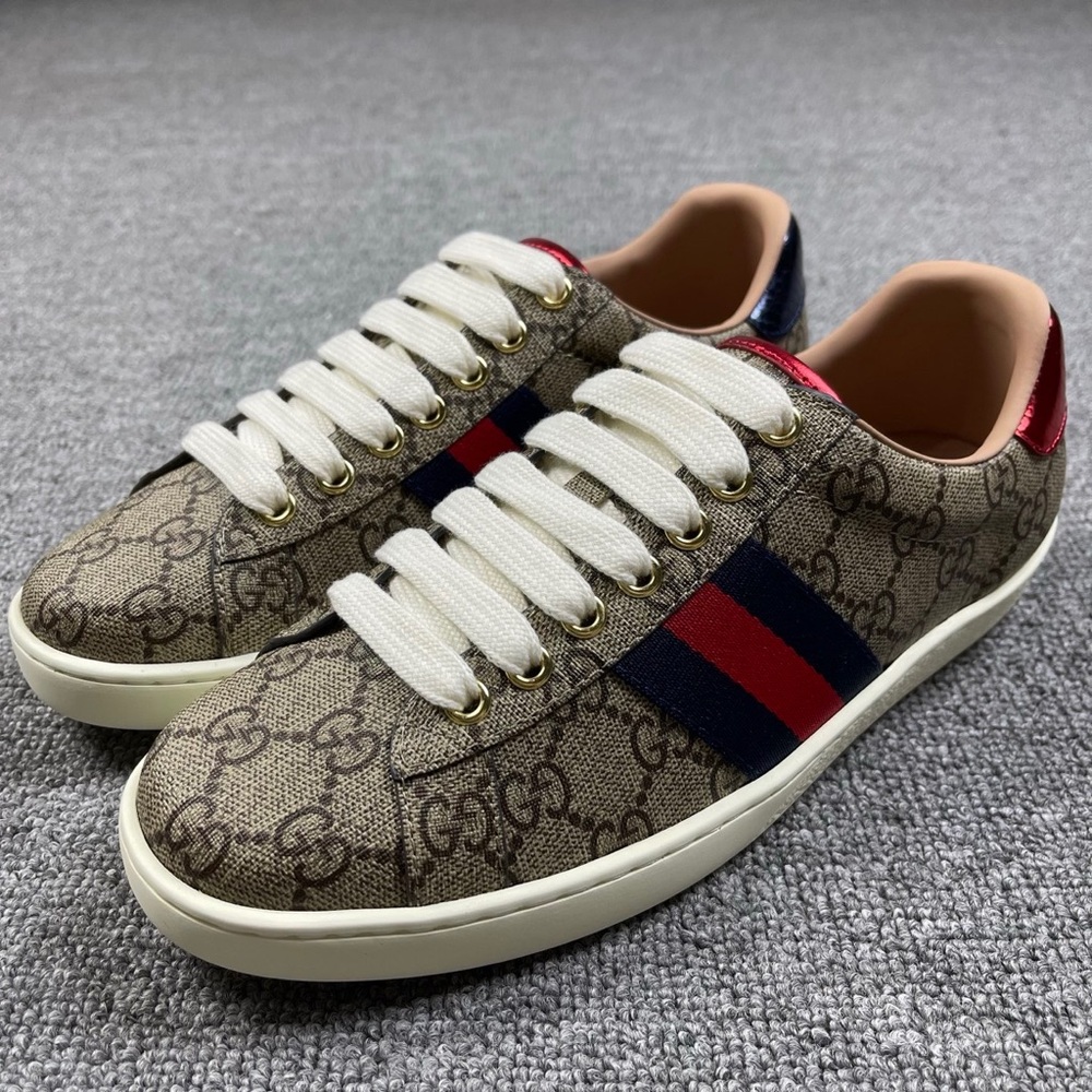 Gucci Beige Monogram Sneakers with Red and Blue Stripes
